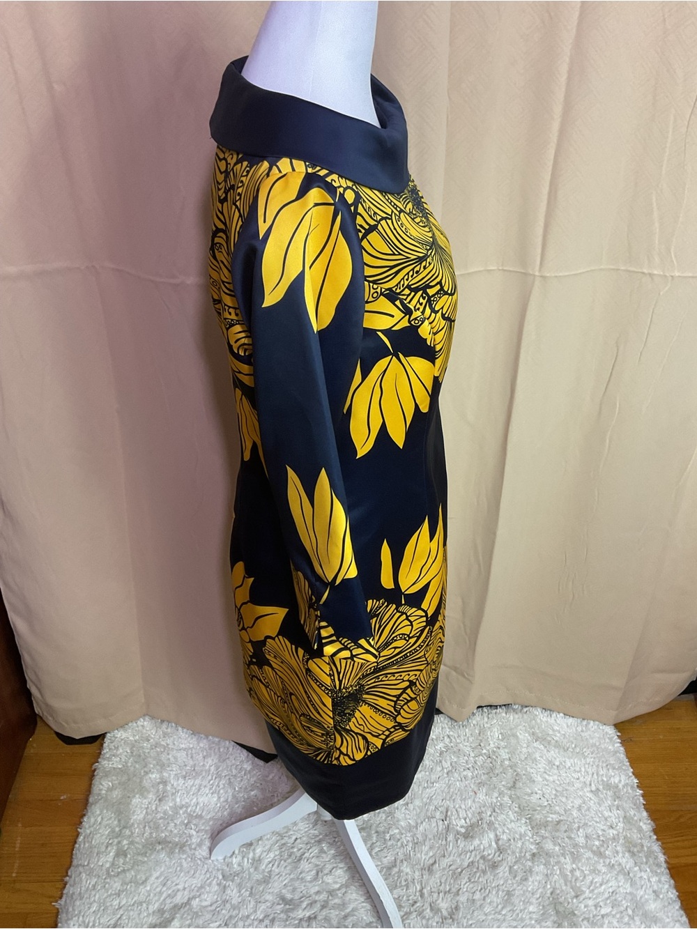 Ashro Navy Blue With Yellow Floral Print Vintage Dress - Picture 4 of 10